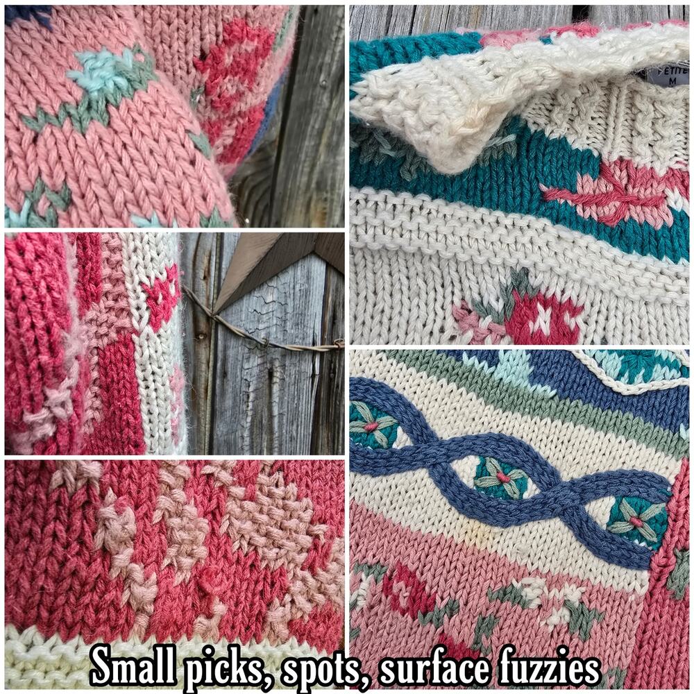 Crystal Kobe Patchwork Sweater Size Petite Med Pink Blue Beige Floral Vintage PM - Picture 5 of 9